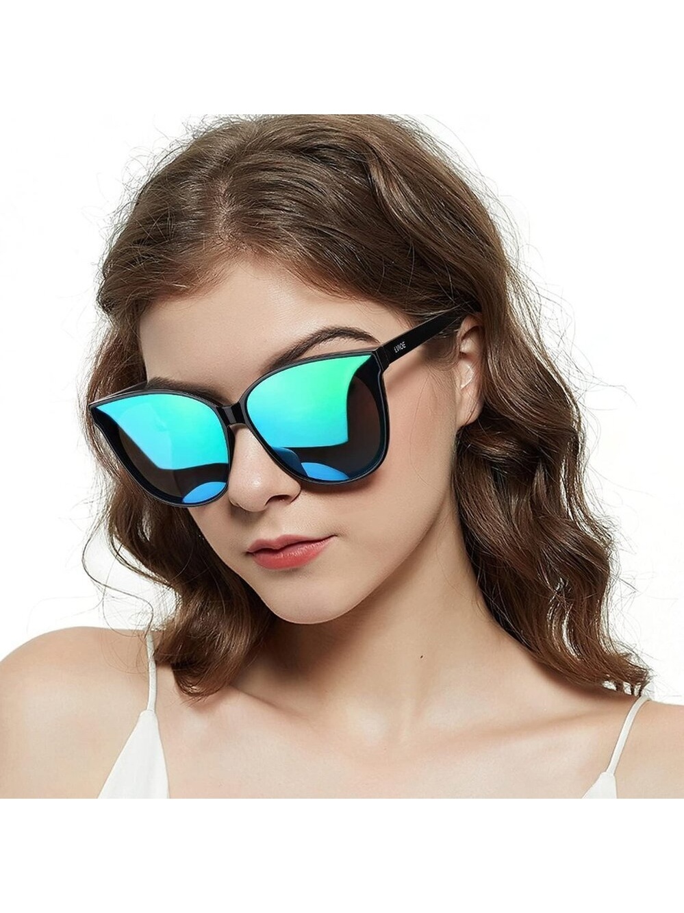 Women's A09 Black Frame Green Mirrored Lens Stylish Cat Eyes Sunglasses